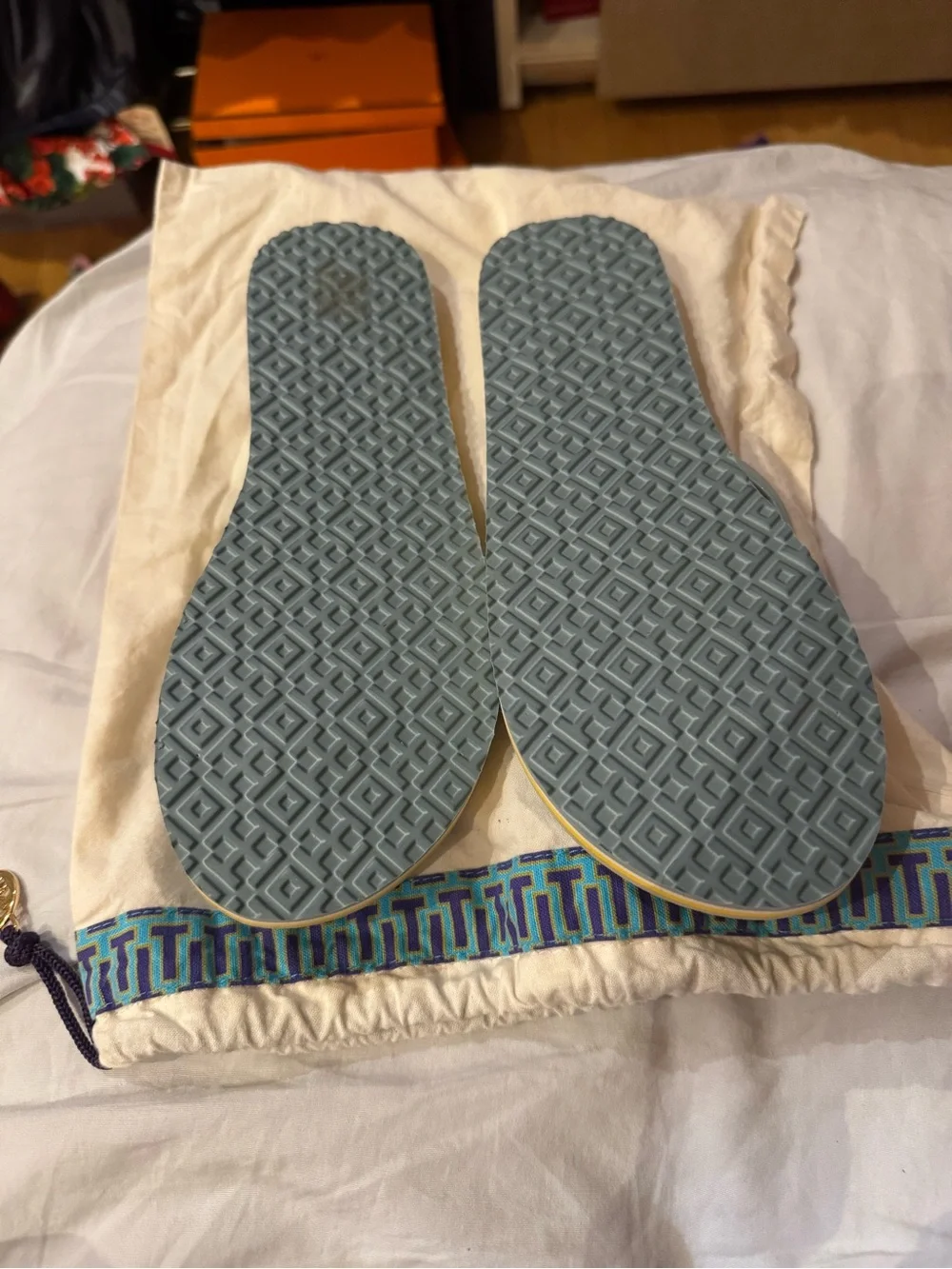 Tory Burch Pale Blue Logo Jelly Flip Flops
